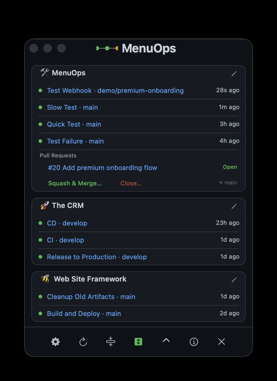 MenuOps showing pull request tracking with merge status and actions